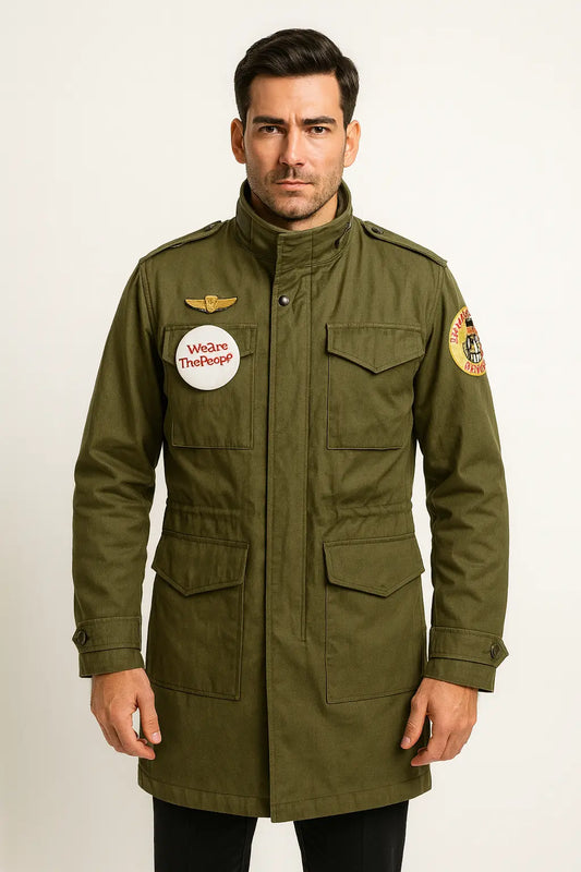 Front view of 1969 M-65 Taxi Driver military field jacket in green cotton with patches