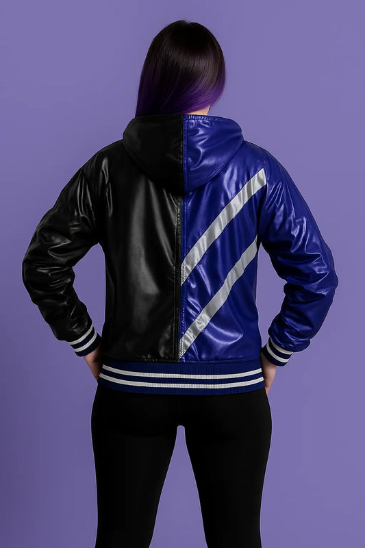 Back view of Tekken 8 Reina Mishima black and purple vegan leather cosplay jacket with silver stripes