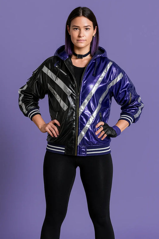 Front view of Reina Mishima cosplay jacket in black and purple faux leather with silver accents