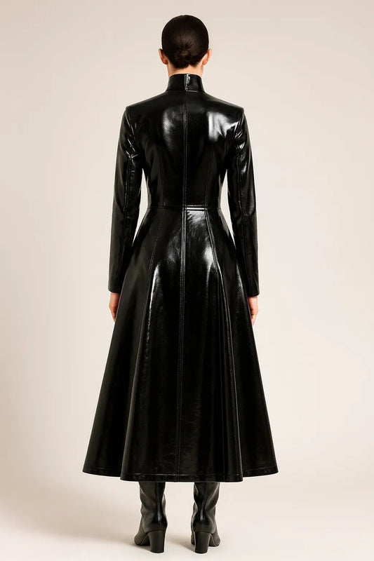 The Matrix 4 Trinity Black Genuine Leather Coat back view full-length design