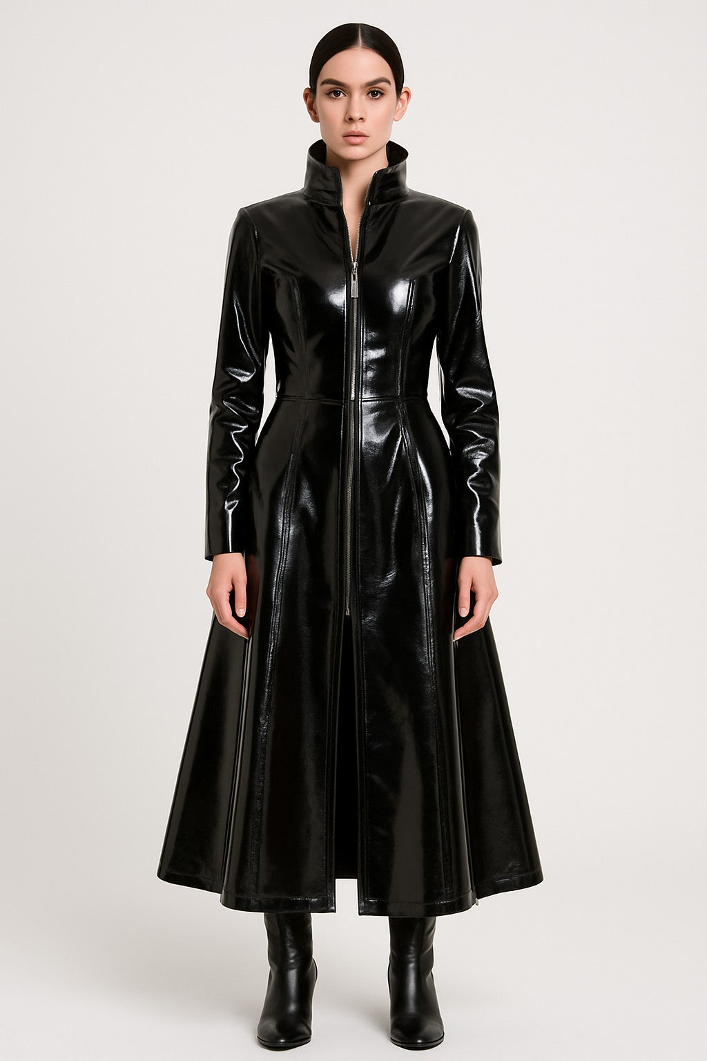 The Matrix 4 Trinity Black Genuine Leather Coat front view with zipper closure