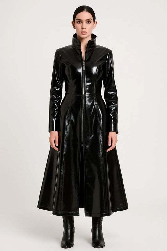 The Matrix 4 Trinity Black Genuine Leather Coat front view with zipper closure