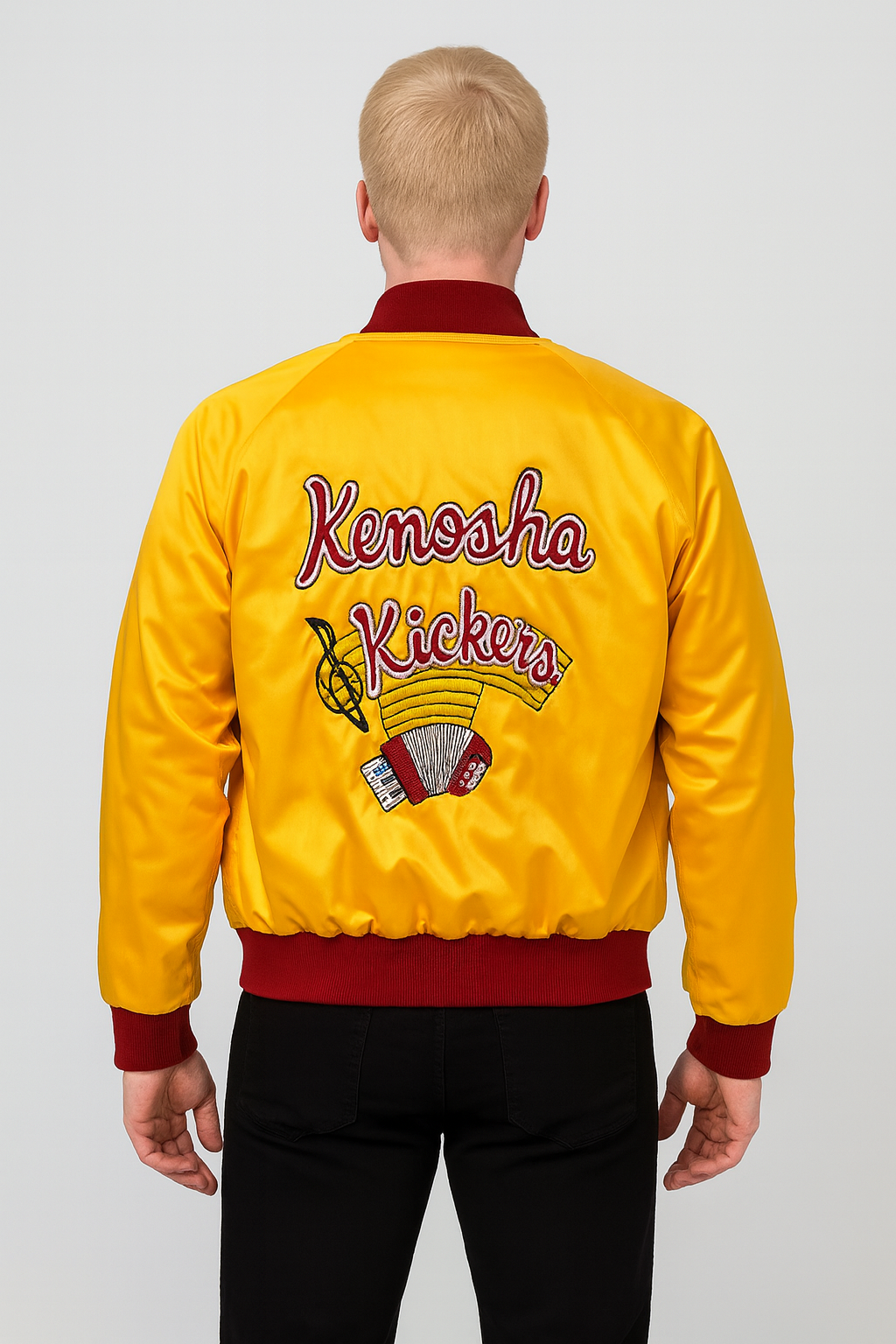 Back view showcasing Kenosha Kickers embroidered logo and musical design.