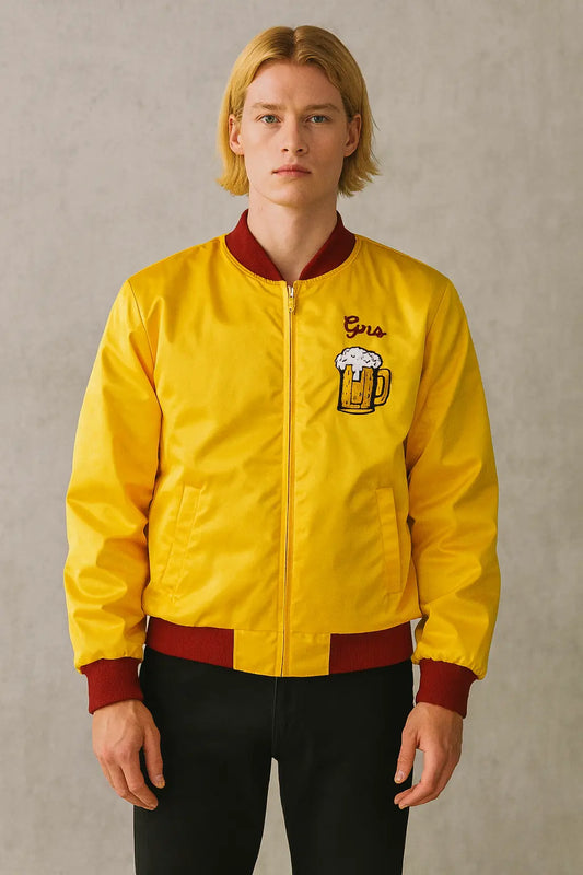 Front view of TJF Kenosha Kickere Home Alone Yellow Satin Jacket with beer mug embroidery.