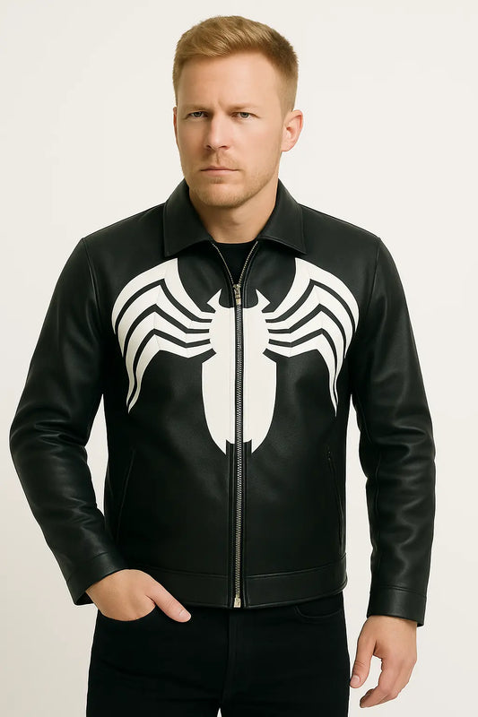 Tom Hardy inspired Venom jacket front view with white spider logo