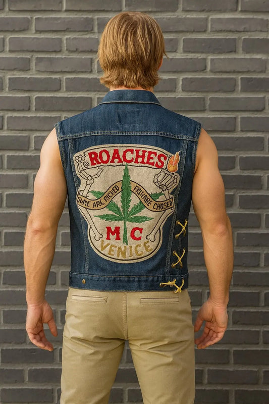 Back view of Up in Smoke Tommy Chong denim vest with Roaches MC Venice embroidered patch design