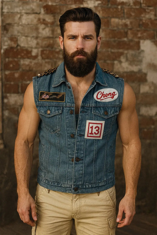 Front view of Tommy Chong Up in Smoke blue denim vest with embroidered patches and button closure