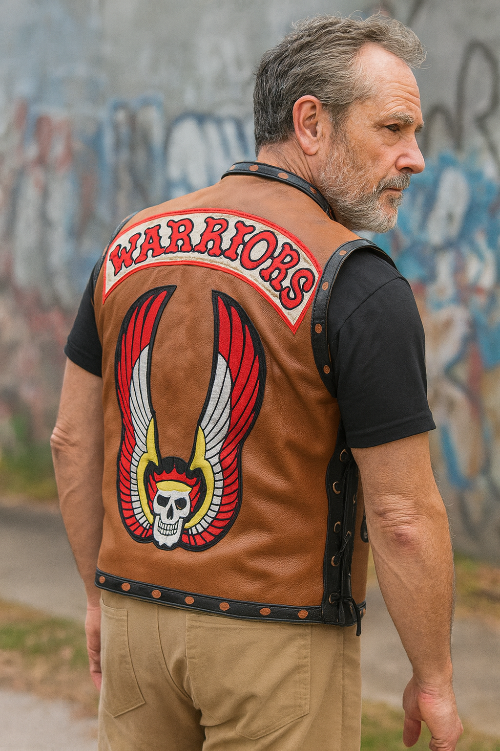 "
Alternate rear view of Warriors costume vest styled for cosplay and fans