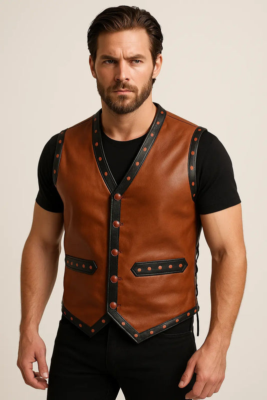 Front view of The Warriors Ajax replica leather vest with black and red trim