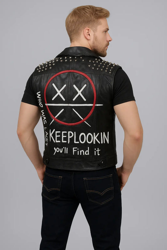 Back view of Watch Dogs Legion Wrench Leather Vest with graffiti artwork and spikes