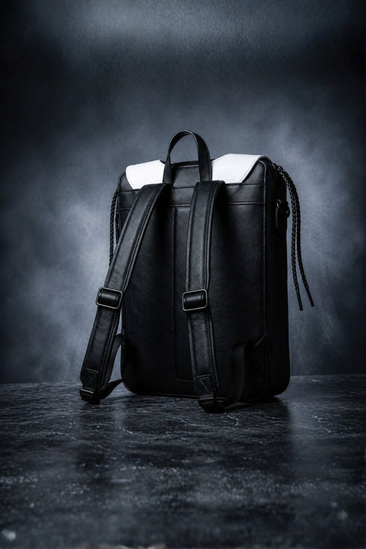 Wednesday inspired genuine leather backpack back view showing smooth jet black body, adjustable padded shoulder straps with matte black hardware and white collar detail visible at top