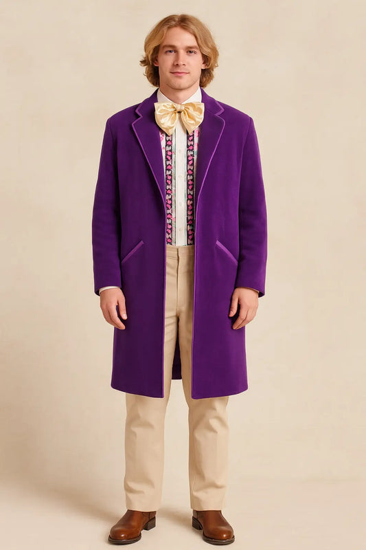 Front view of Gene Wilder Willy Wonka purple suede leather coat with button closure