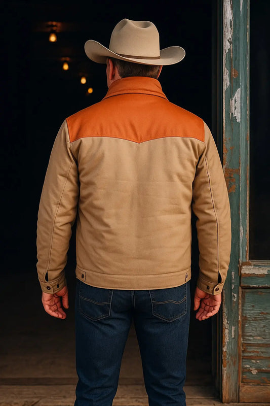 Back view of Yellowstone Kevin Costner John Dutton beige cotton jacket with western brown yoke design