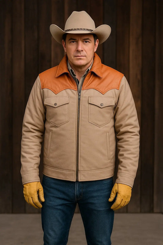 Front view of Yellowstone John Dutton beige cotton jacket with brown shoulder yoke, inspired by Kevin Costner costume