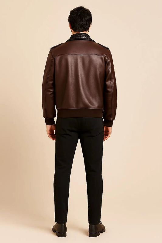 Back view of Zayn Malik Off-White brown leather jacket with epaulet shoulders