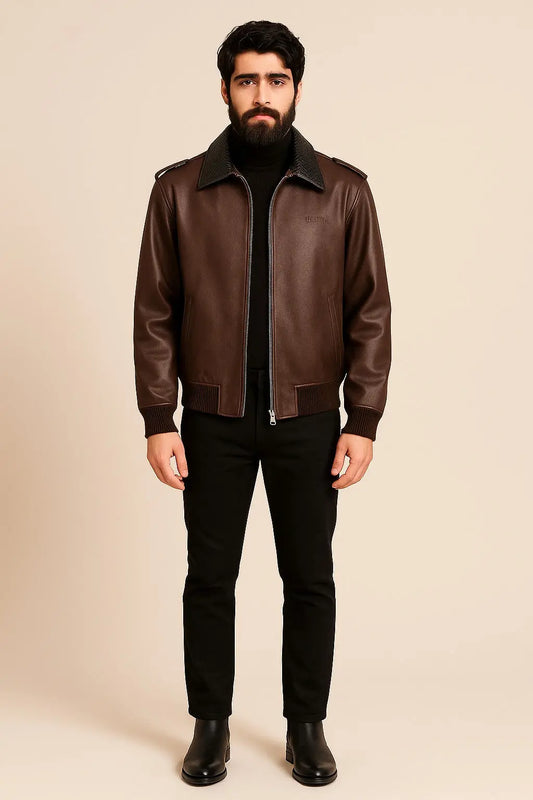 Front view of Zayn Malik inspired Off-White brown leather jacket with zipper closure