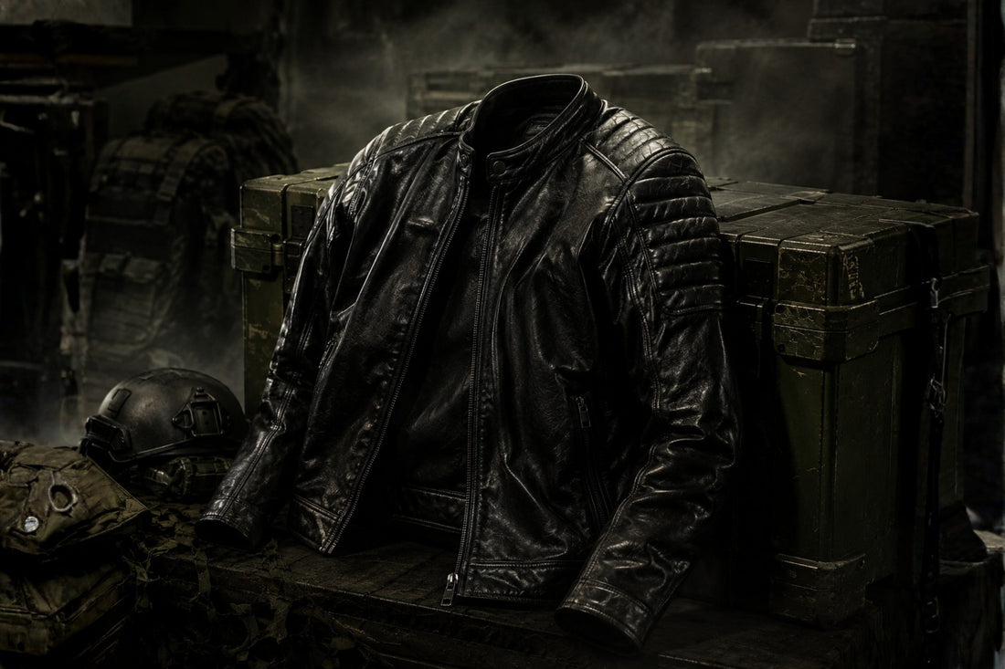 Black leather jacket with visible quilted shoulder panel detailing draped over a military equipment crate, Metal Gear Solid Snake inspired