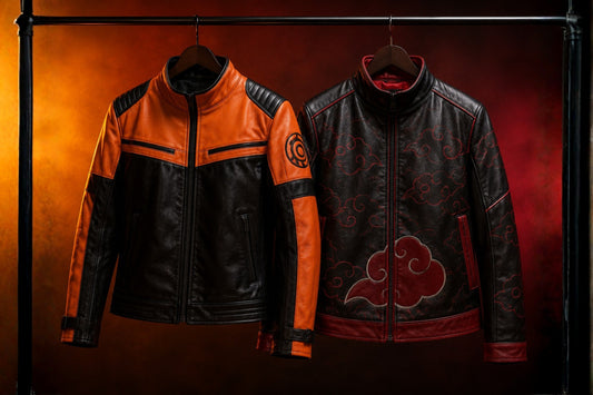 Orange and black anime jacket displayed beside a dark red jacket with a cloud pattern on wooden hangers, Naruto Shippuden and Akatsuki inspired