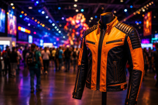 Orange and black anime leather jacket on a mannequin with blurred colorful convention crowd lights in the background