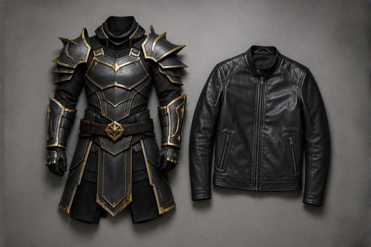 Comparison of an elaborate foam armor costume piece next to a single sleek leather jacket on a plain grey studio background