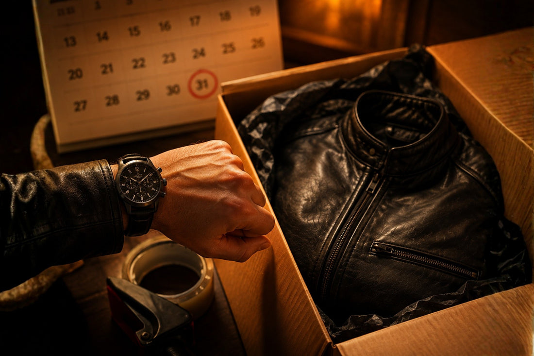 Hand checking a wristwatch next to a shipping box with a black leather jacket, calendar showing late October in the background