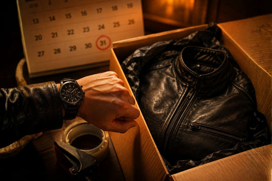 Hand checking a wristwatch next to a shipping box with a black leather jacket, calendar showing late October in the background