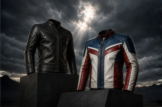 Black leather jacket and a blue, white, and red leather jacket displayed on pedestals against a dramatic stormy grey sky, Avengers Doomsday inspired