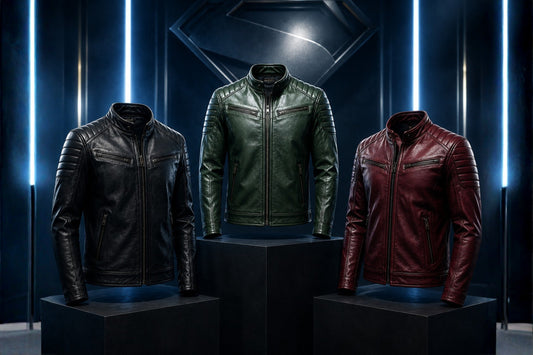 Three leather jackets in black, dark green, and maroon on minimalist dark pedestals with cool blue sci-fi studio lighting, Supergirl inspired