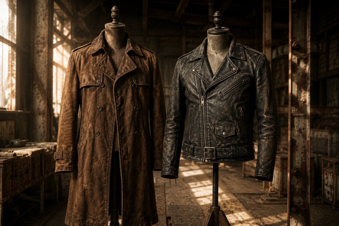 Brown suede trench coat and black biker leather jacket displayed in a dusty post-apocalyptic warehouse setting, Fallout inspired