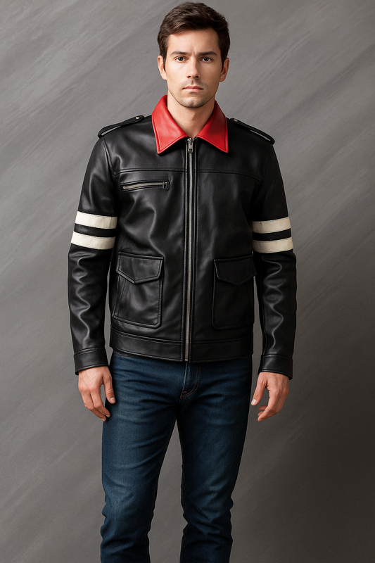 Alex Mercer Prototype Black Leather Jacket with red collar and white sleeve stripes – front view
