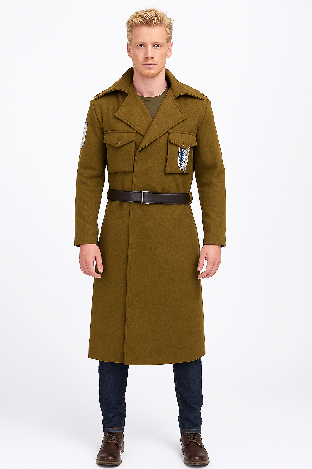 Attack on Titan Season 3 Eren Jaeger green wool coat with Survey Corps logo front view