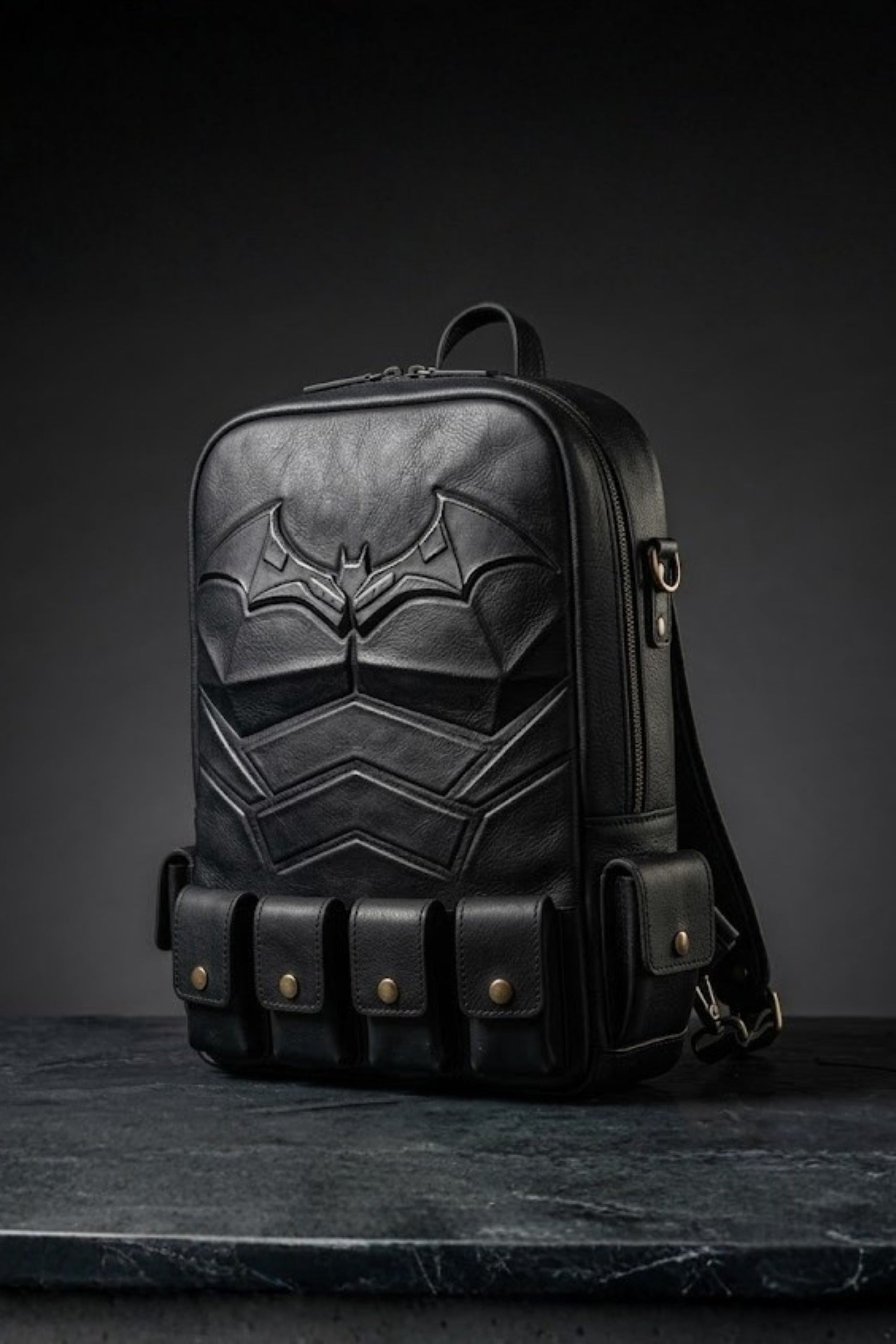 Batman inspired genuine leather backpack in jet black with deeply embossed 3D bat logo, armour chevron chest plate engraving, four tactical snap-button utility pouches and antique bronze hardware — front view