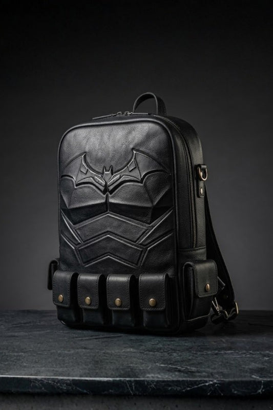 Batman inspired genuine leather backpack in jet black with deeply embossed 3D bat logo, armour chevron chest plate engraving, four tactical snap-button utility pouches and antique bronze hardware — front view