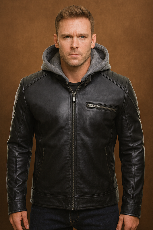 Batman Logo Black Genuine Leather Jacket Front View with Hood