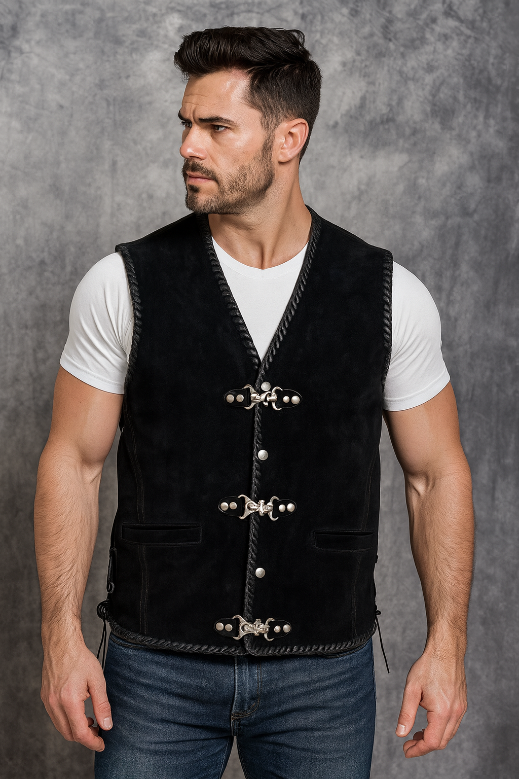 Close-up of metal clasp and snap buckle closure on suede biker vest