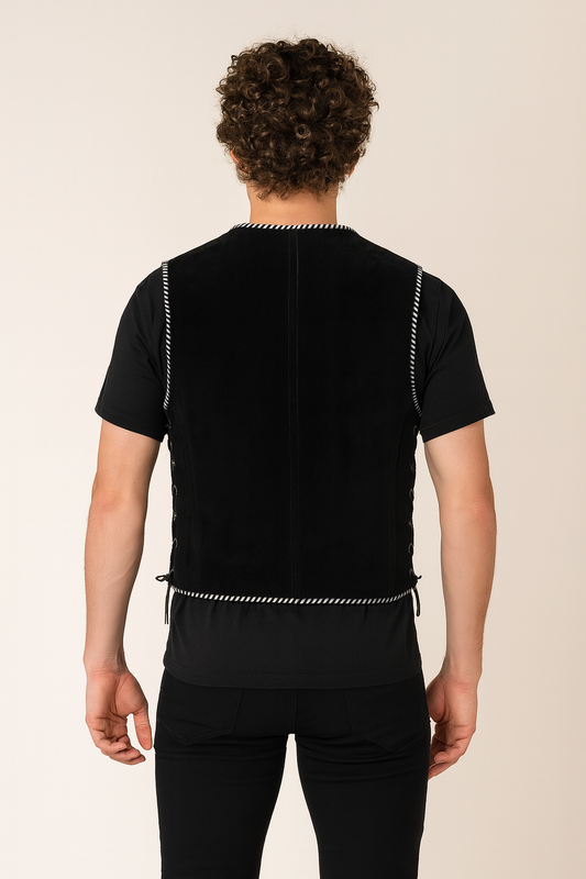 Black Suede Biker Vest with braided detailing back view