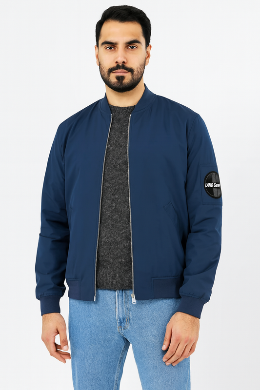 Chris Pratt-inspired navy blue bomber jacket front view from The Terminal List.