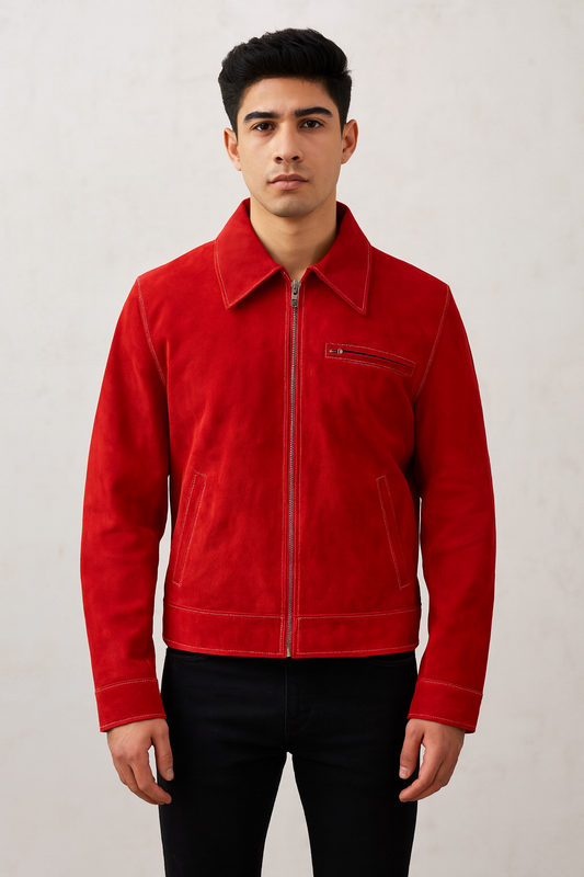 Clark Kent Smallville red suede leather jacket front view inspired by Tom Welling