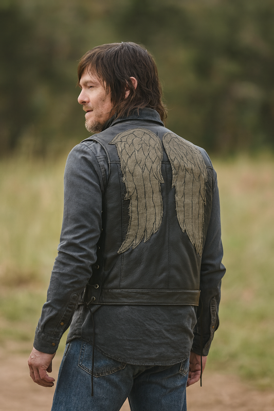 Back view of black leather vest with embroidered angel wings patch from Walking Dead Season 11