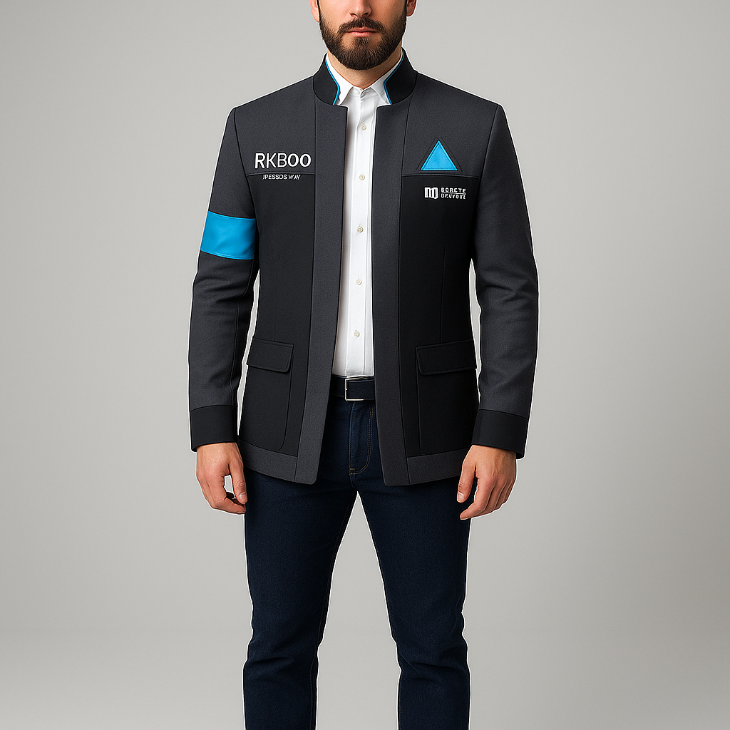 Front view of Detroit Become Human Connor RK800 Cotton Jacket with blue accents