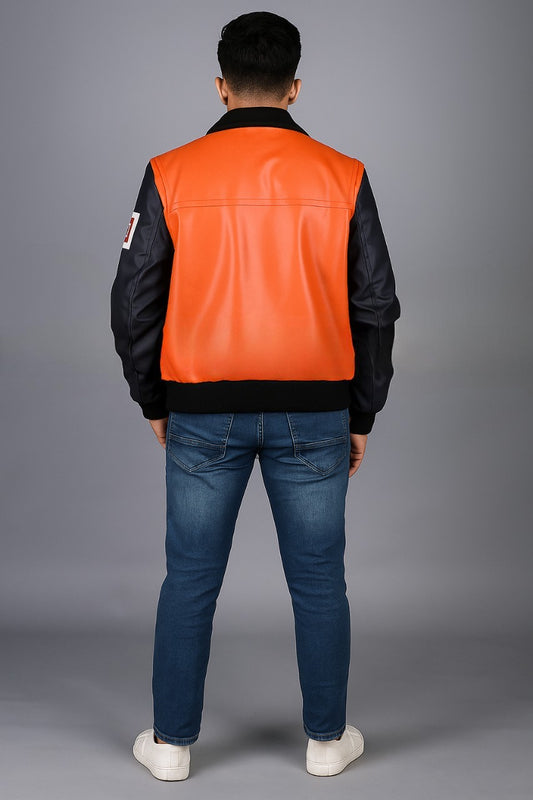 Dragon Ball Z Goku 59 black &amp; orange leather jacket back view with detailed design