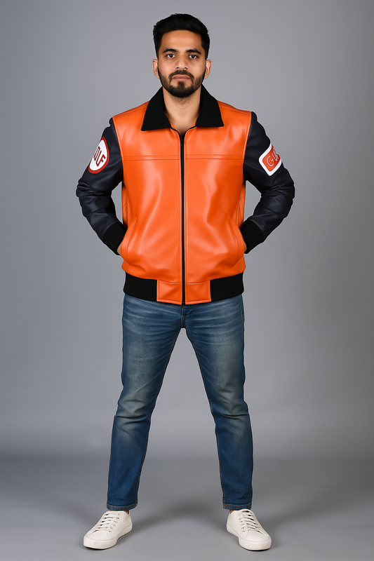 Dragon Ball Z Goku 59 black &amp; orange leather jacket front view for cosplay and anime fans
