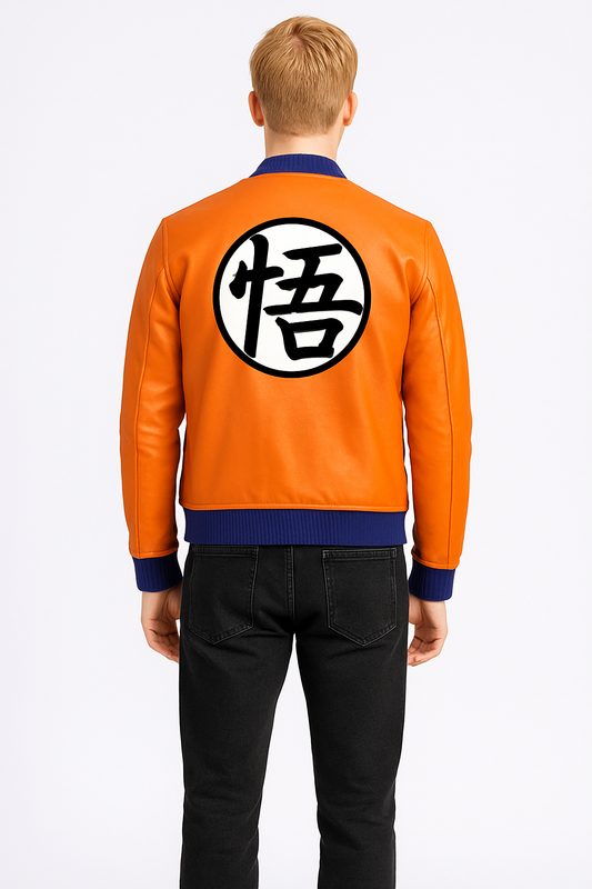Dragon Ball Z Goku bomber leather jacket back view with Kanji symbol.