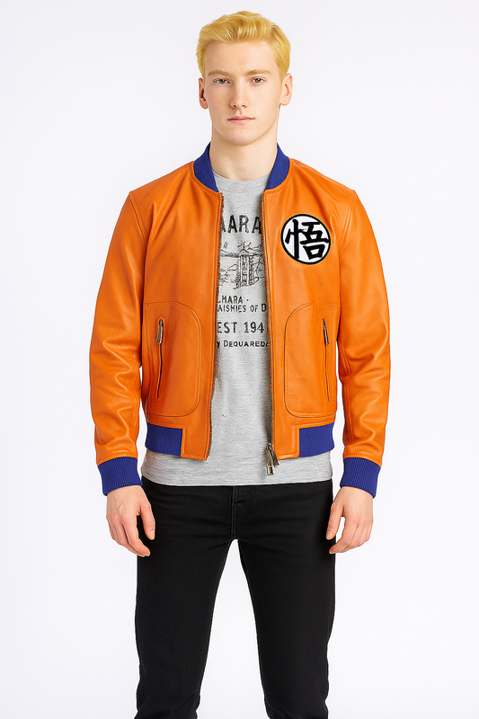 Dragon Ball Z Goku orange leather bomber jacket front view with Kanji logo.
