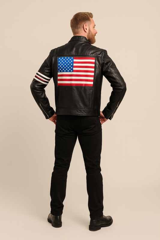 Back view of Easy Rider Peter Fonda Black Biker Jacket with American flag patch.