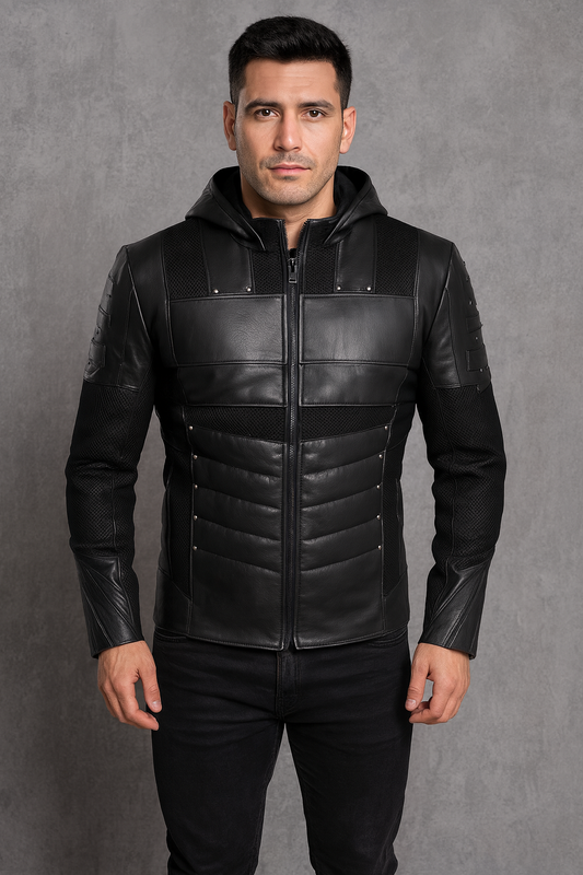 Front view of Emerald Archer Green Arrow hooded black leather superhero jacket
