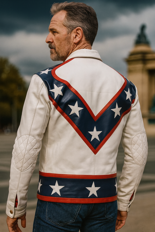 Evel Knievel biker white & blue leather jacket with stars and red trim – back view