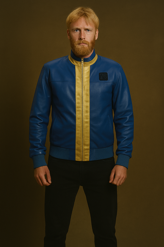 Front view of Fallout 76 Vault Leather Jacket in blue and yellow with zipper closure and Vault 76 chest patch

