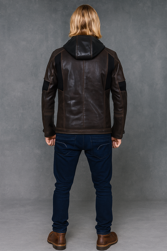Back view of Gavin Reed Detroit Become Human brown leather jacket with hood detail