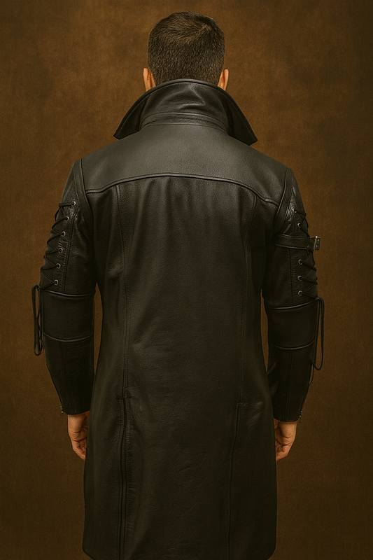Men’s Black Leather Trench Coat Back with Laced Sleeves